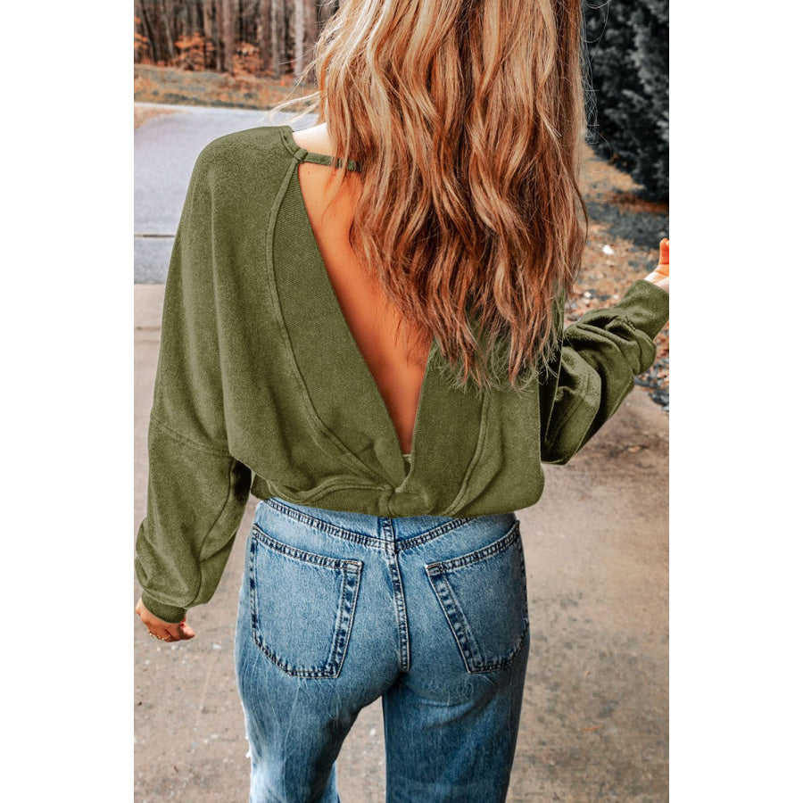 Cutout Round Neck Long Sleeve Sweatshirt Moss / S Apparel and Accessories