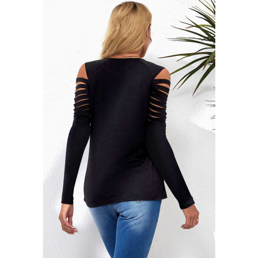 Cutout Round Neck Long Sleeve T - Shirt Black / S Apparel and Accessories