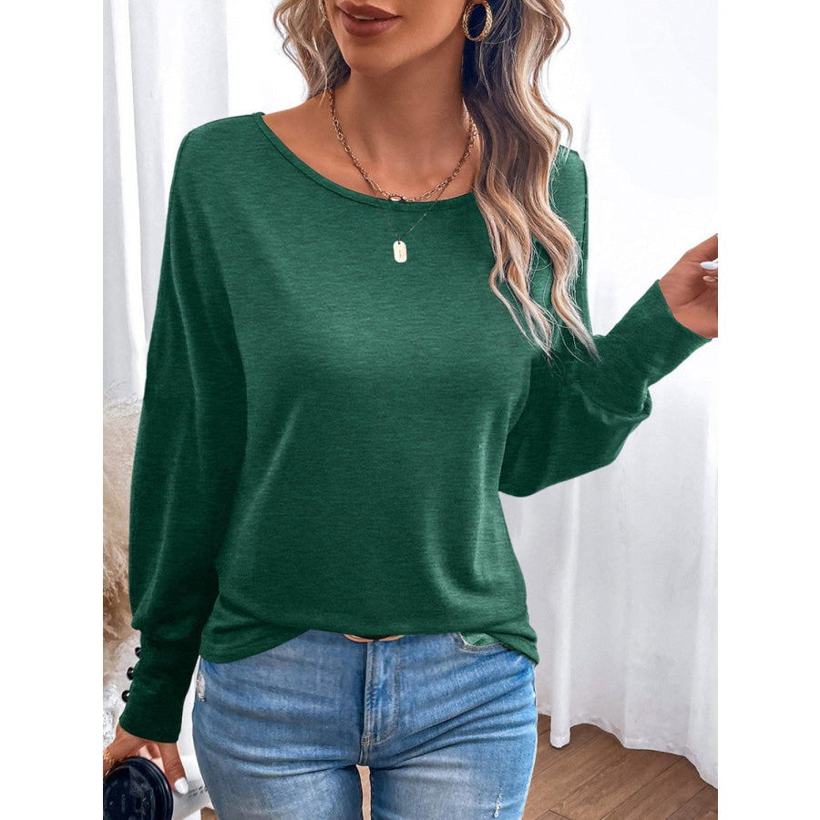 Cutout Round Neck Long Sleeve T - Shirt Black Forest / S Apparel and Accessories