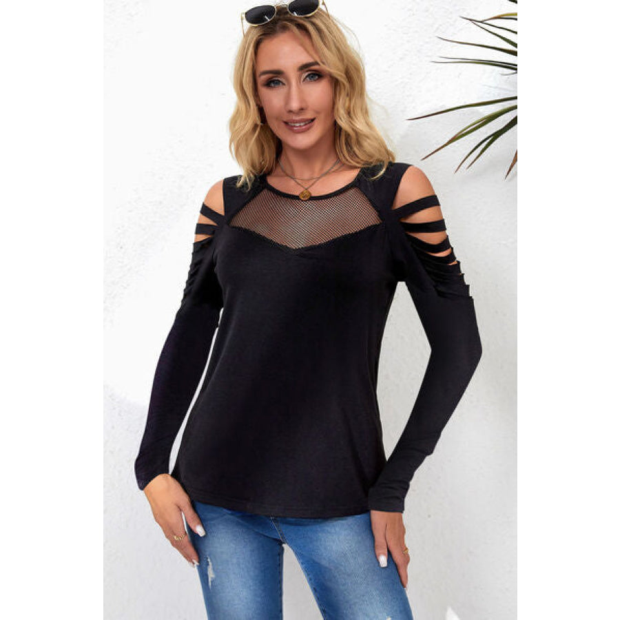 Cutout Round Neck Long Sleeve T - Shirt Black / S Apparel and Accessories