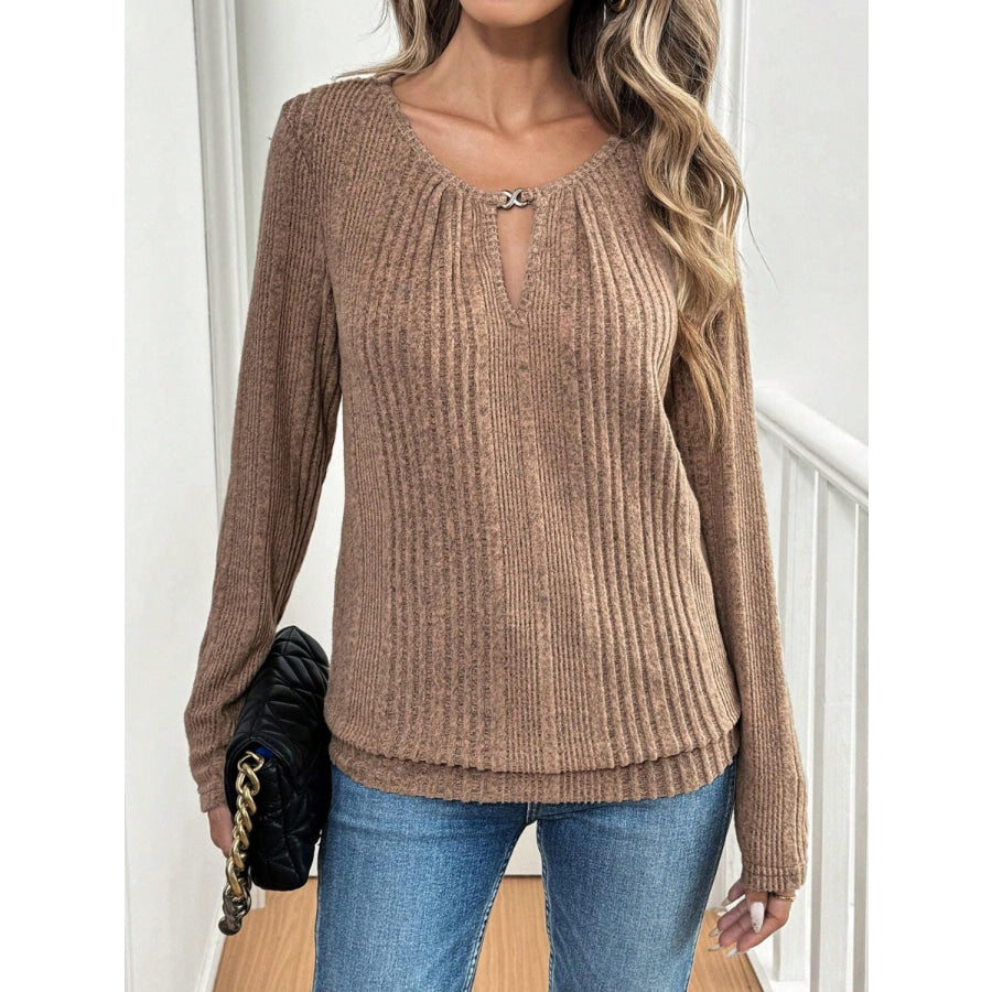 Cutout Round Neck Long Sleeve T-Shirt Camel / S Apparel and Accessories