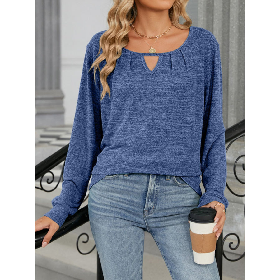 Cutout Round Neck Long Sleeve T-Shirt Dusty Blue / S Apparel and Accessories