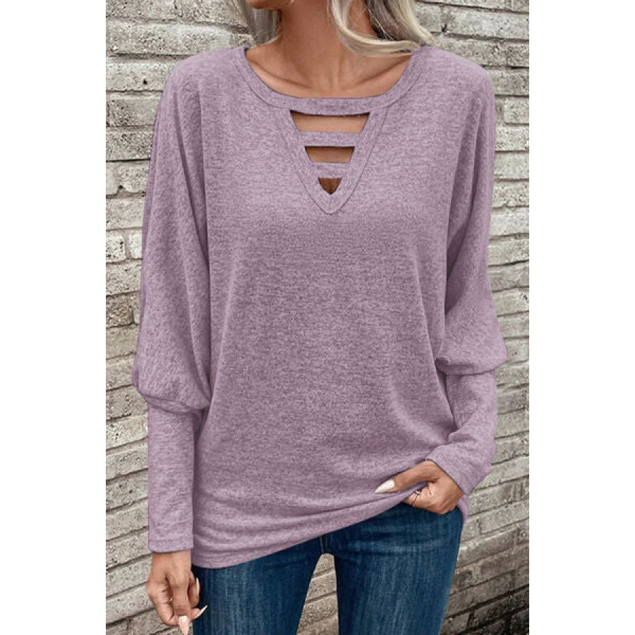 Cutout Round Neck Long Sleeve T - Shirt Moonlit Mauve / S Apparel and Accessories