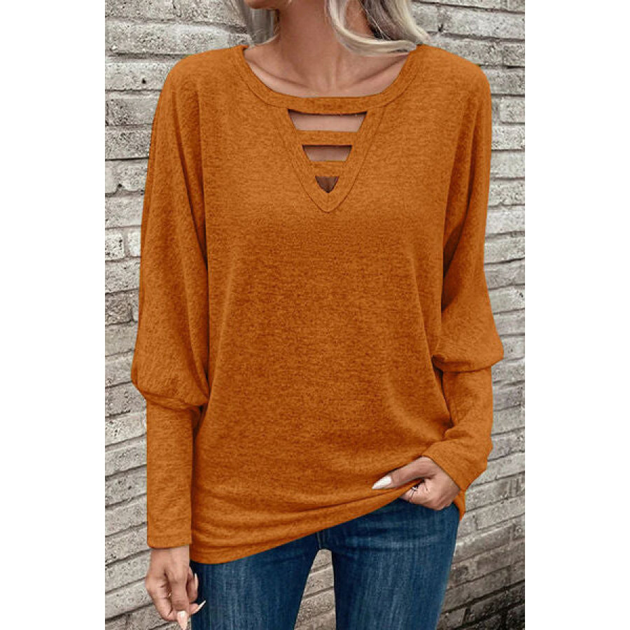 Cutout Round Neck Long Sleeve T - Shirt Terracotta / S Apparel and Accessories