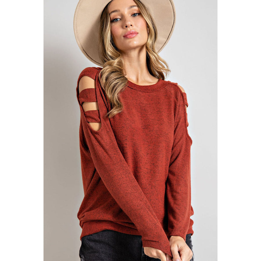 Cutout Round Neck Long Sleeve Top Rust / S Apparel and Accessories