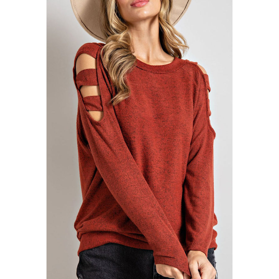 Cutout Round Neck Long Sleeve Top Rust / S Apparel and Accessories