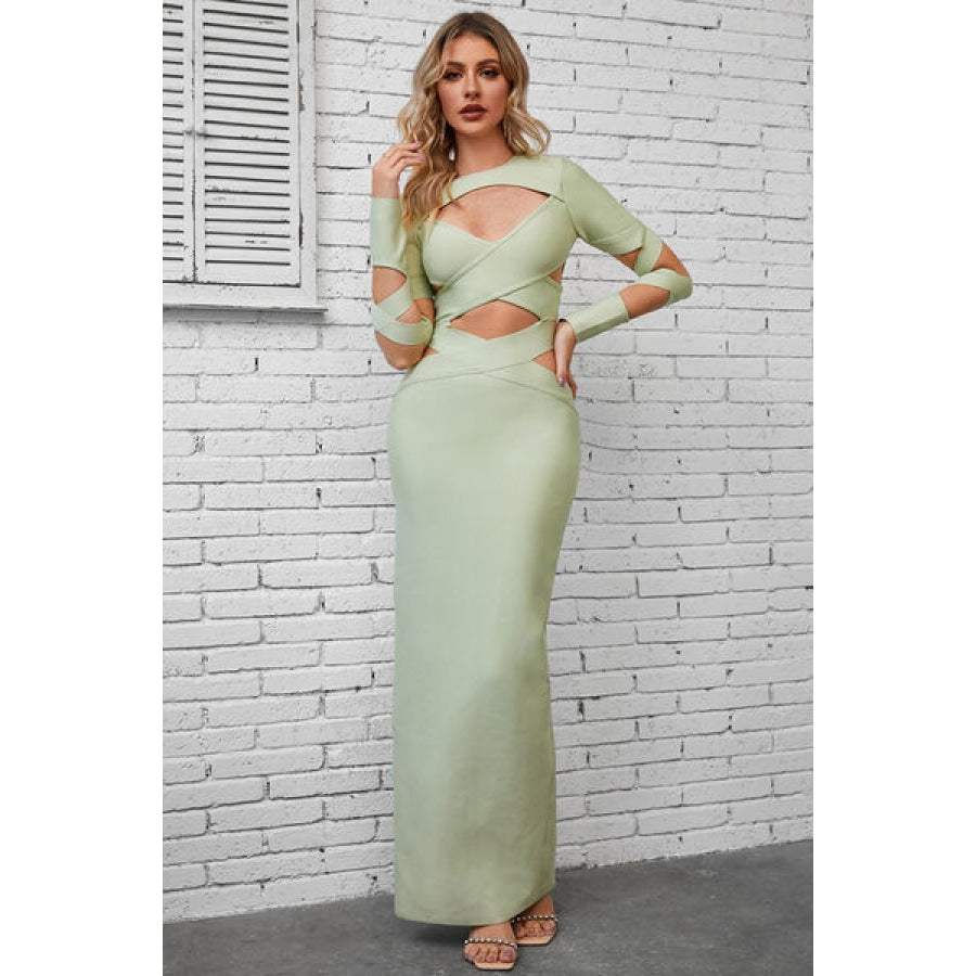 Cutout Round Neck Maxi Wrap Dress Light Green / S Clothing