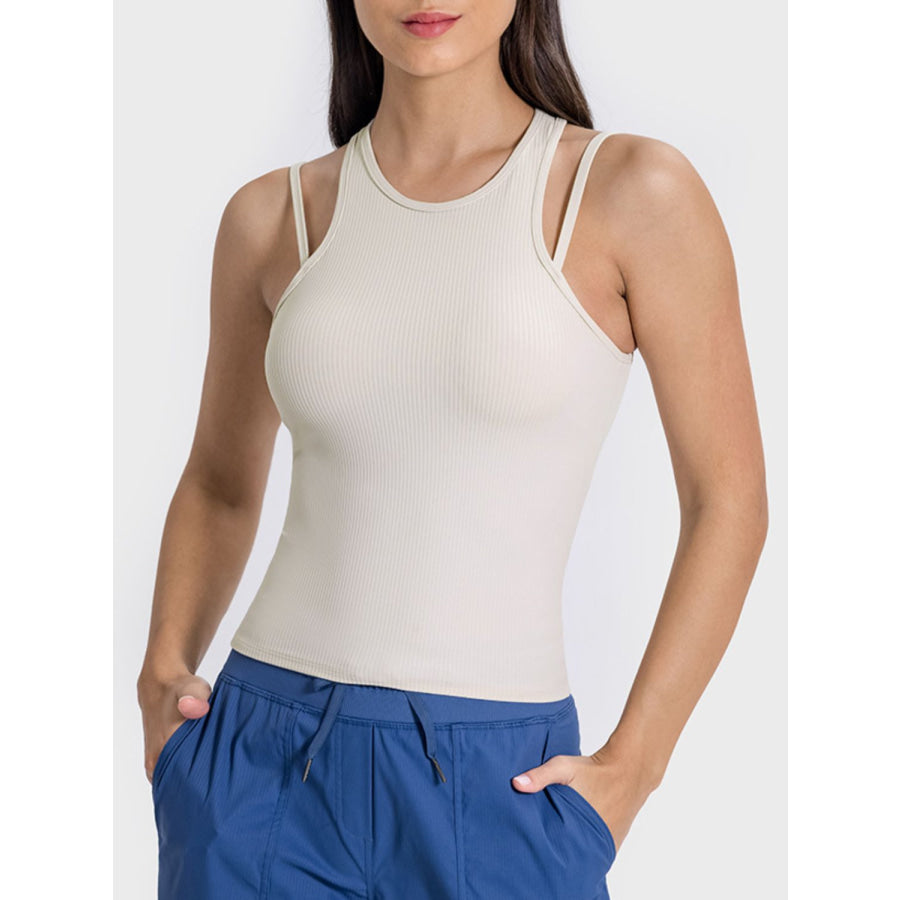 Cutout Round Neck Racerback Active Tank Beige / 4 Apparel and Accessories