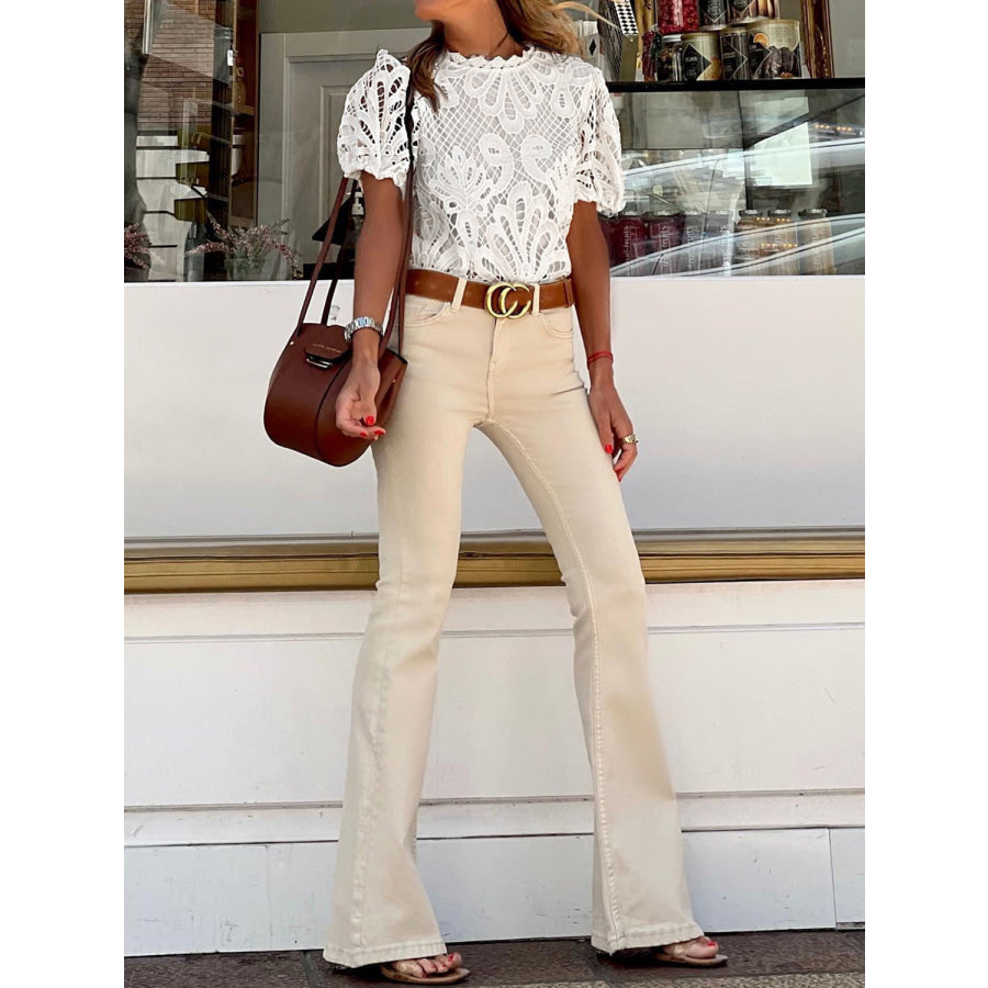 Cutout Round Neck Short Sleeve Blouse White / S Apparel and Accessories
