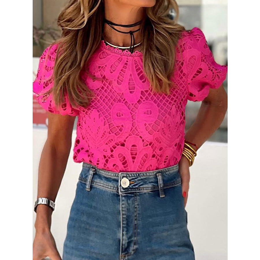 Cutout Round Neck Short Sleeve Blouse Cerise / S Apparel and Accessories