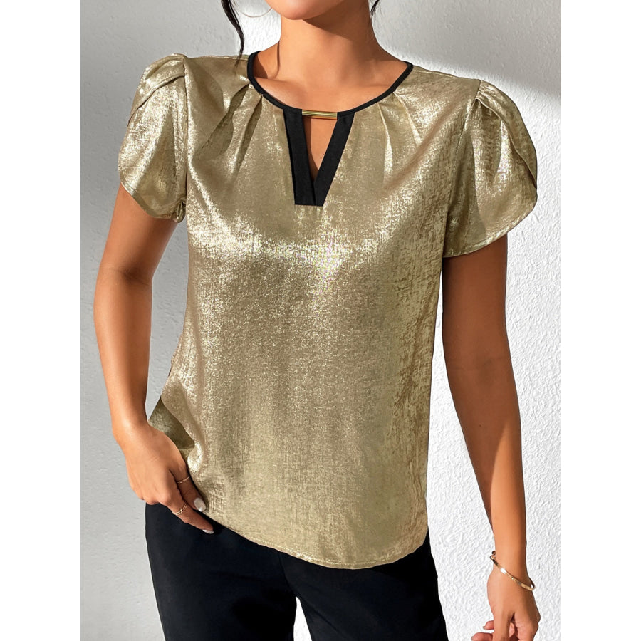 Cutout Round Neck Short Sleeve Blouse Gold / S Apparel and Accessories