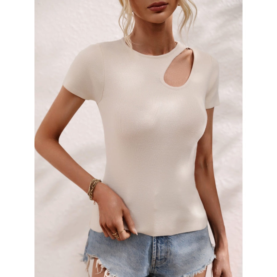 Cutout Round Neck Short Sleeve Knit Top Cream / S