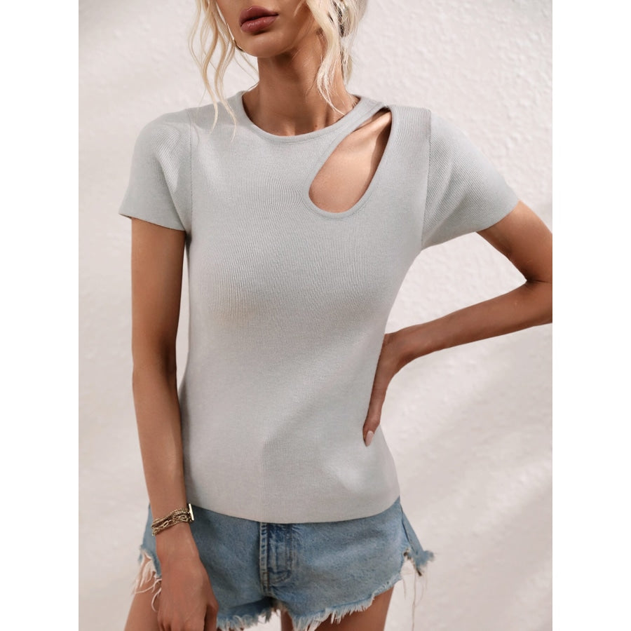 Cutout Round Neck Short Sleeve Knit Top Light Gray / S