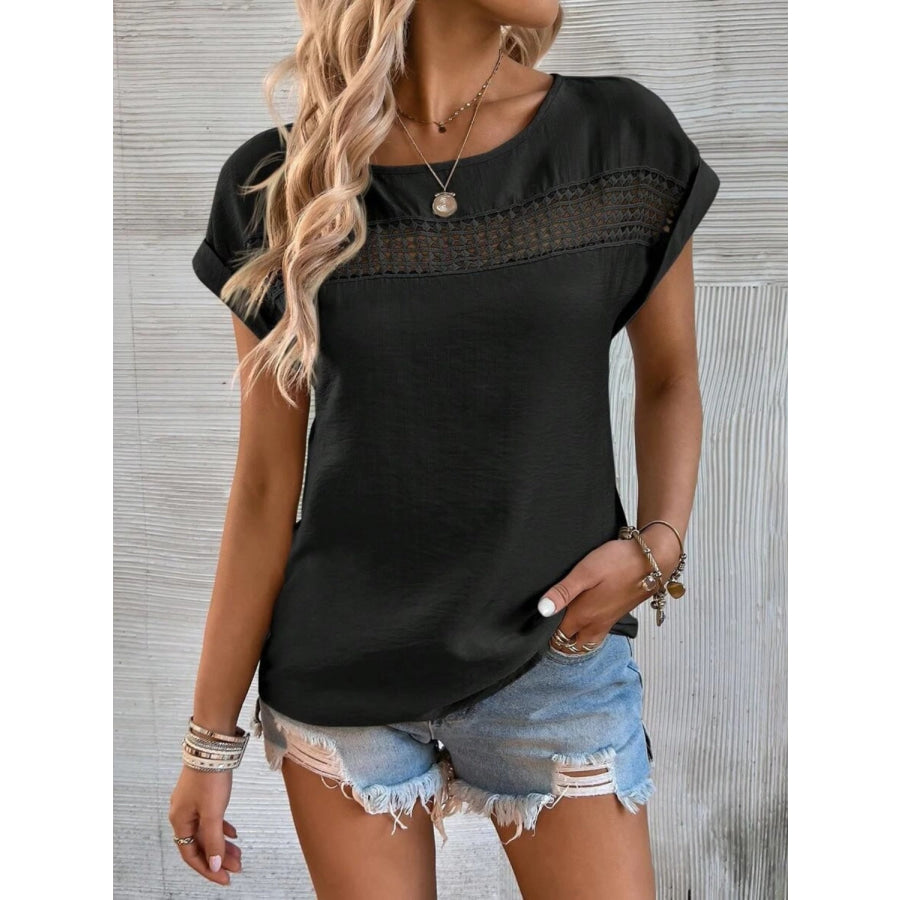 Cutout Round Neck Short Sleeve Top Black / S Apparel and Accessories
