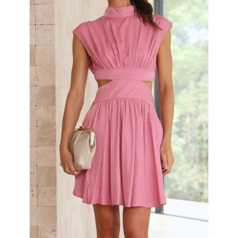 Cutout Ruched Mock Neck Mini Dress Carnation Pink / S Apparel and Accessories