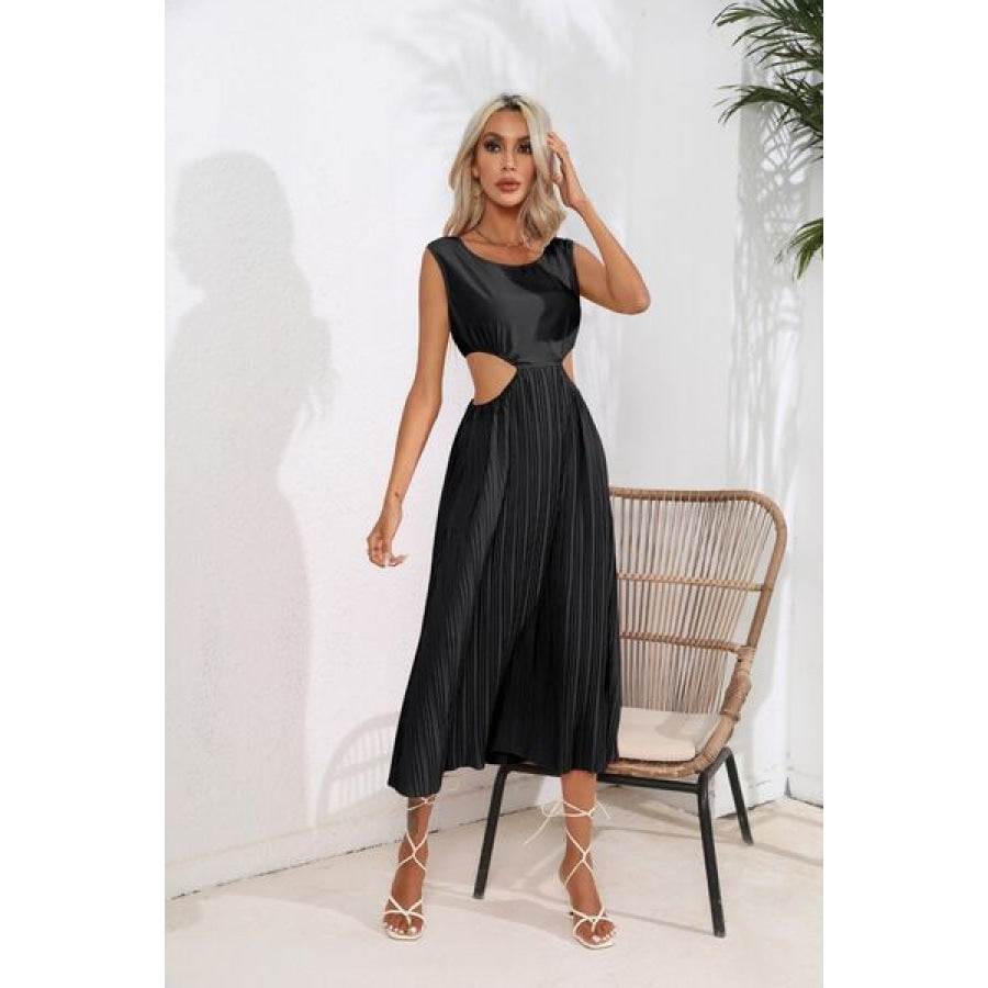 Cutout Ruched Round Neck Tank Dress Black / S Apparel and Accessories