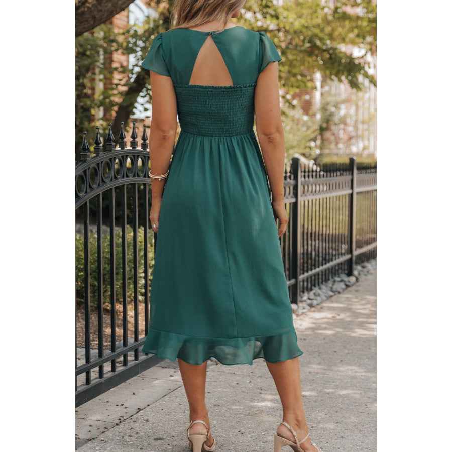 Cutout Ruffle Hem Cap Sleeve Dress Apparel and Accessories