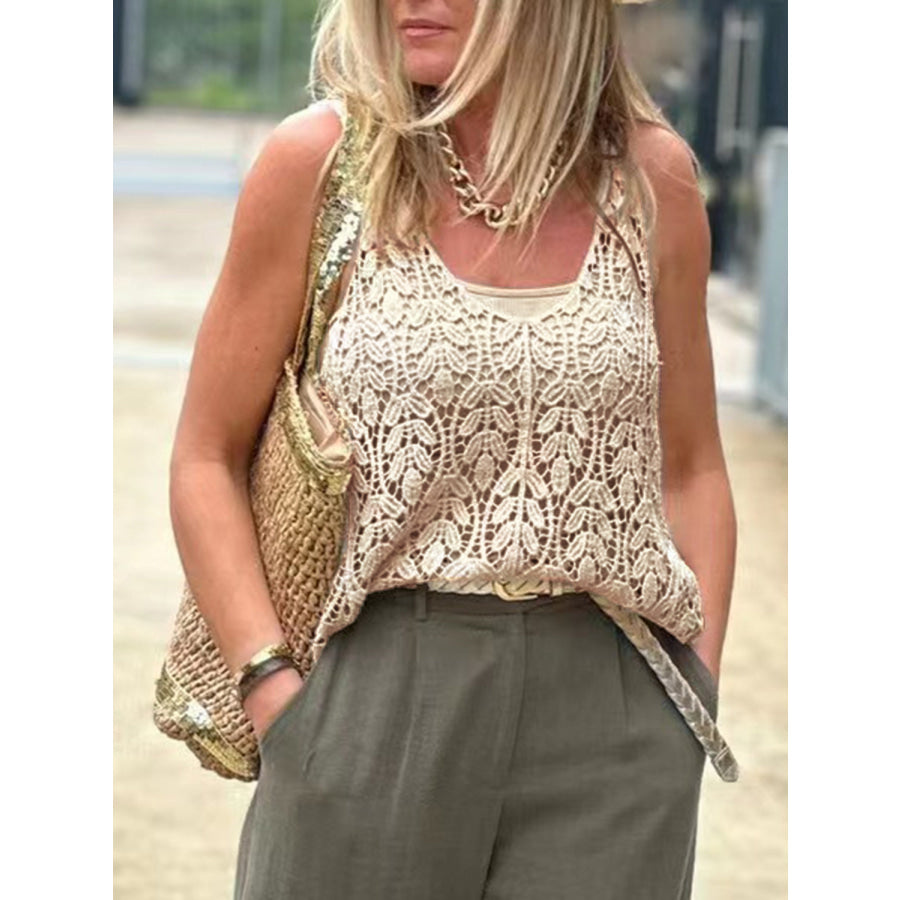 Cutout Scoop Neck Sleeveless Knit Cover Up Cream / One Size Apparel and Accessories