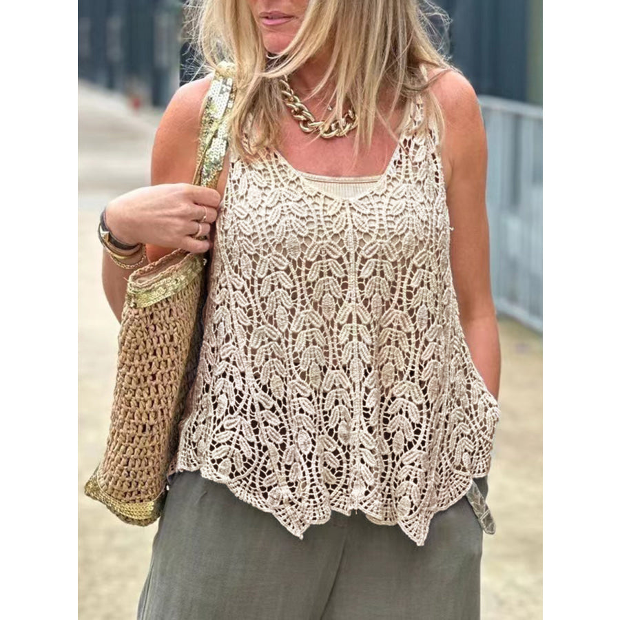 Cutout Scoop Neck Sleeveless Knit Cover Up Cream / One Size Apparel and Accessories