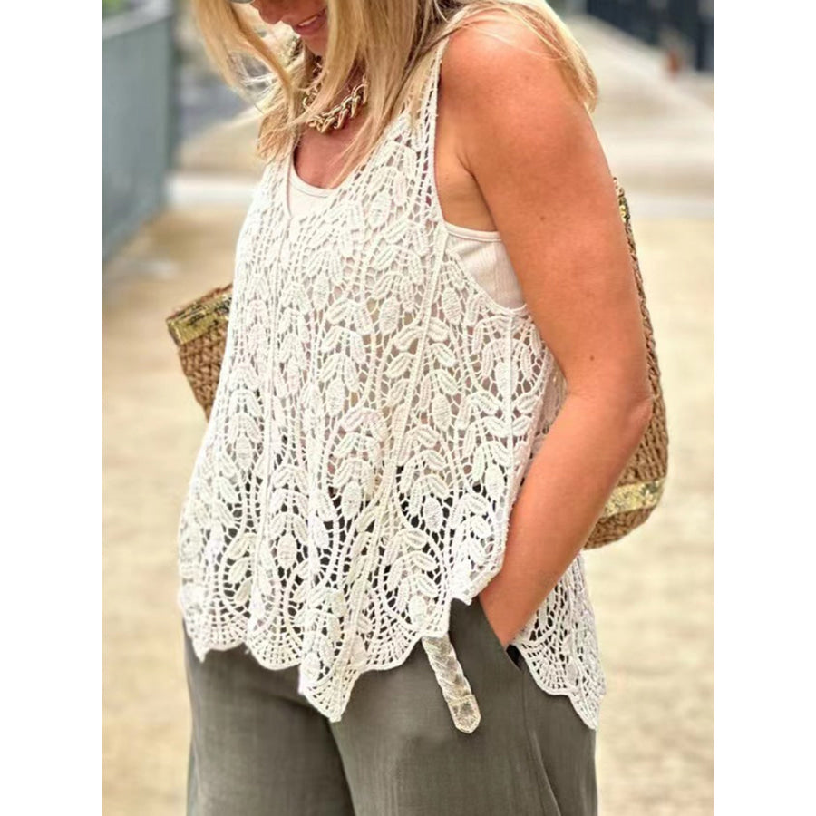 Cutout Scoop Neck Sleeveless Knit Cover Up White / One Size Apparel and Accessories