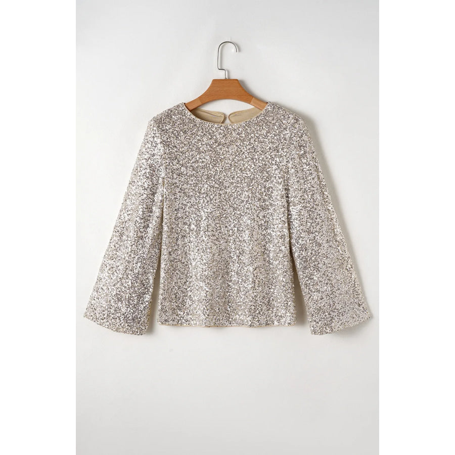 Cutout Sequin Round Neck Long Sleeve Blouse Apparel and Accessories