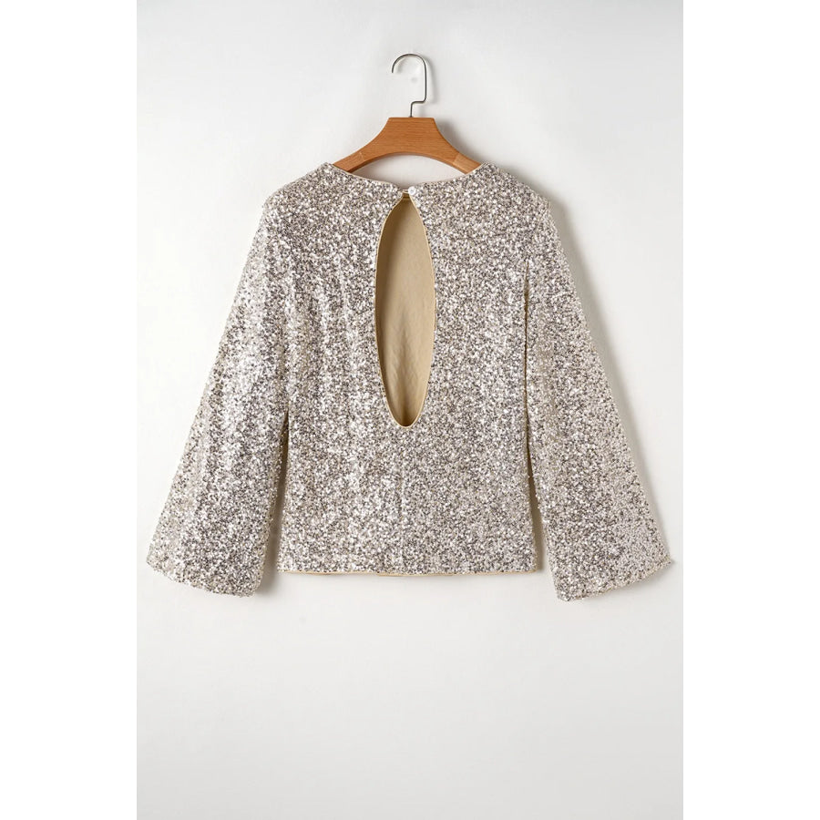 Cutout Sequin Round Neck Long Sleeve Blouse Apparel and Accessories