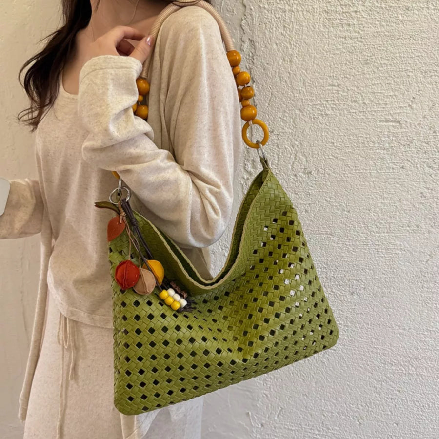 Cutout Shoulder Bag with Beaded Handle Green / One Size Apparel and Accessories
