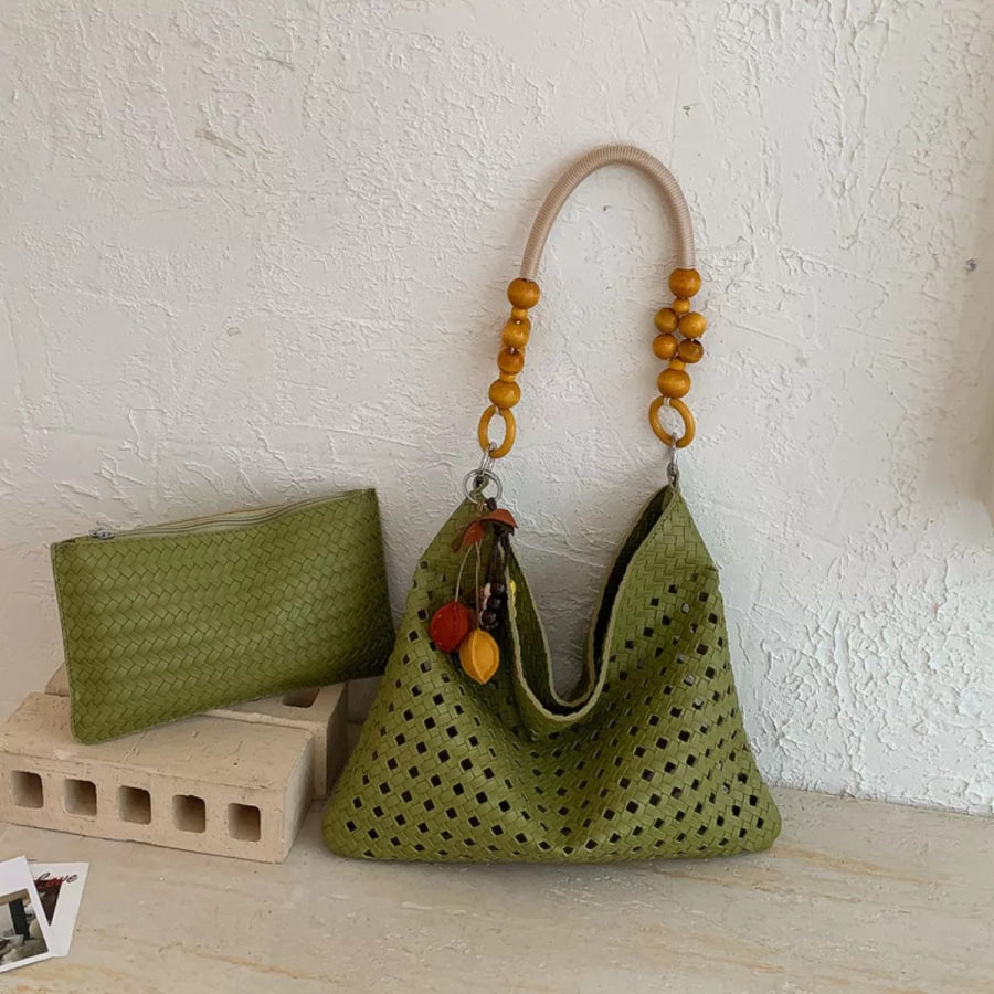 Cutout Shoulder Bag with Beaded Handle Green / One Size Apparel and Accessories