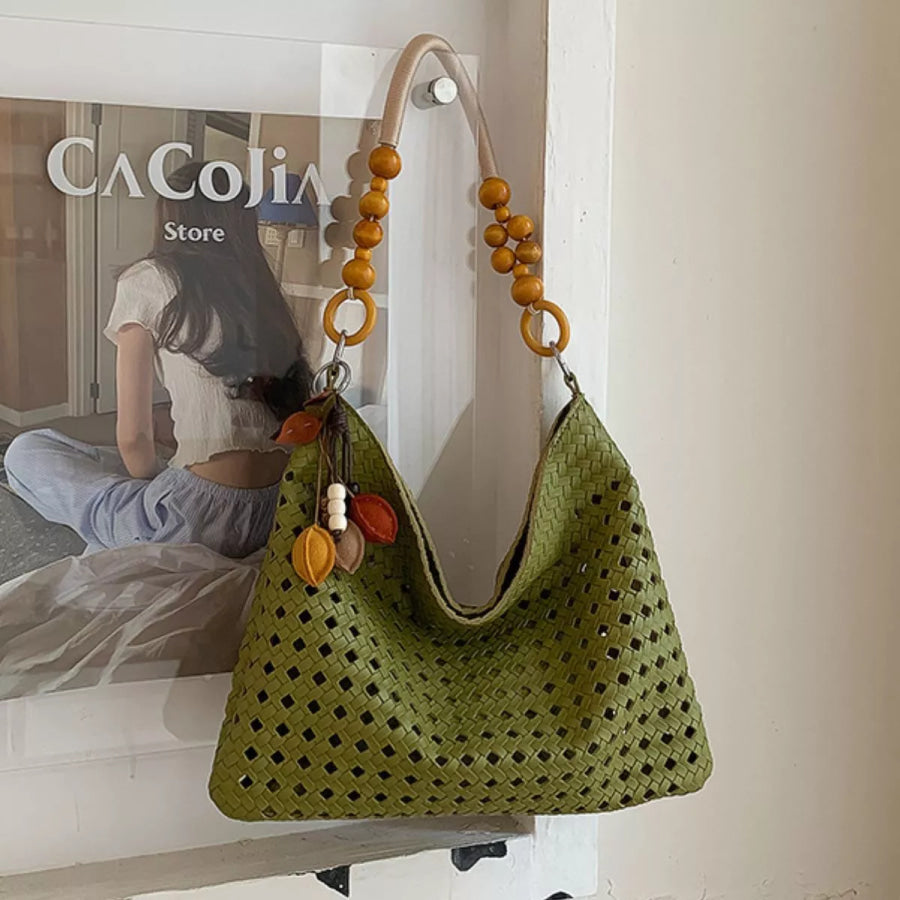 Cutout Shoulder Bag with Beaded Handle Green / One Size Apparel and Accessories