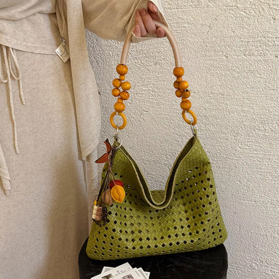 Cutout Shoulder Bag with Beaded Handle Green / One Size Apparel and Accessories