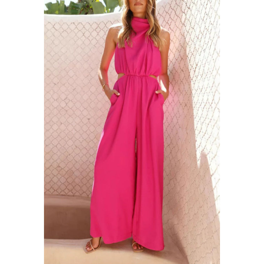 Cutout Sleeveless Wide Leg Jumpsuit Red / S Apparel and Accessories