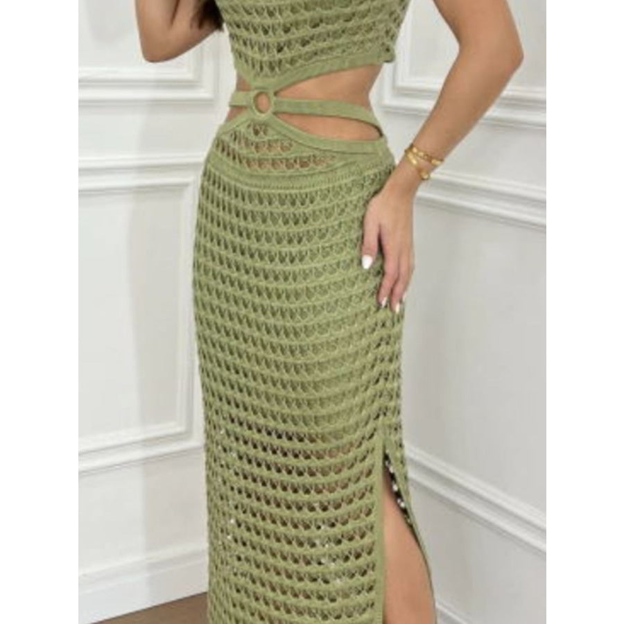 Cutout Slit Round Neck Sweater Dress Apparel and Accessories