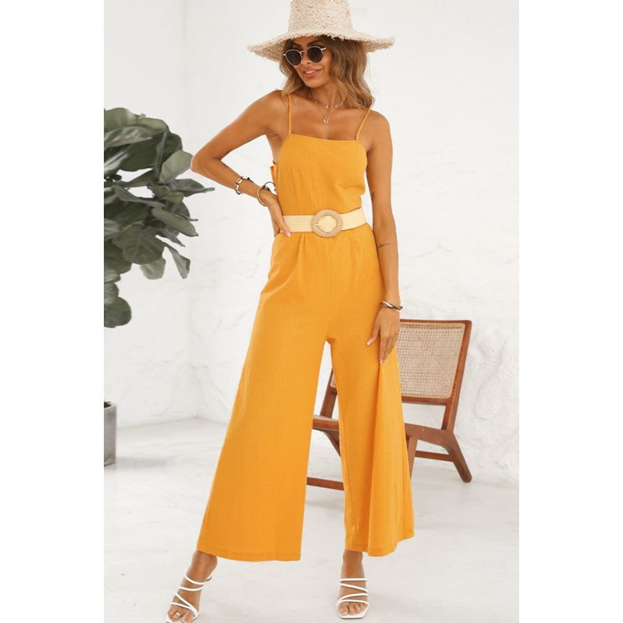 Cutout Spaghetti Strap Tie Back Wide Leg Jumpsuit Mustard / XS