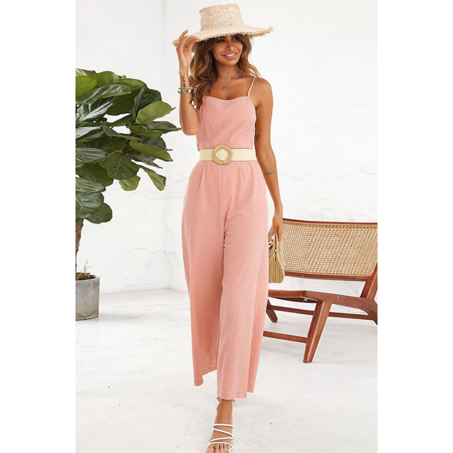 Cutout Spaghetti Strap Tie Back Wide Leg Jumpsuit Peach / XS