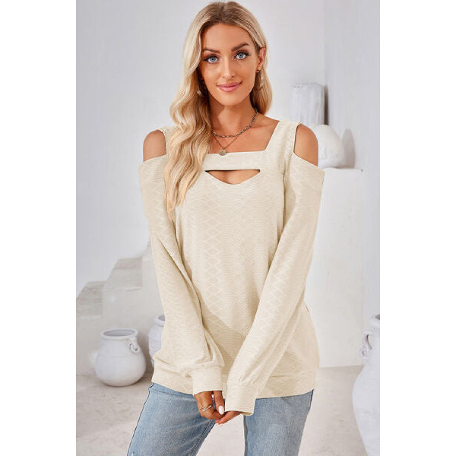 Cutout Square Neck Cold Shoulder T - Shirt Cream / S Apparel and Accessories