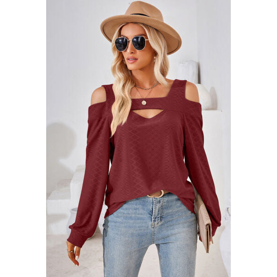 Cutout Square Neck Cold Shoulder T - Shirt Wine / S Apparel and Accessories