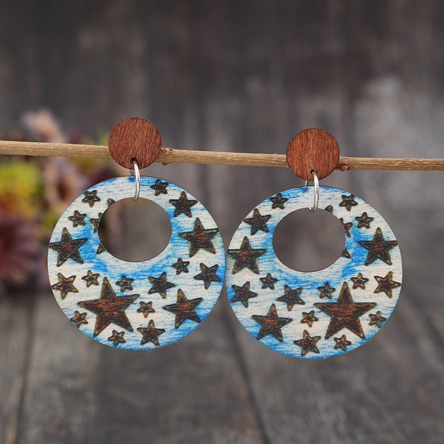 Cutout Star Print Wooden Dangle Earrings Multicolor / One Size Apparel and Accessories