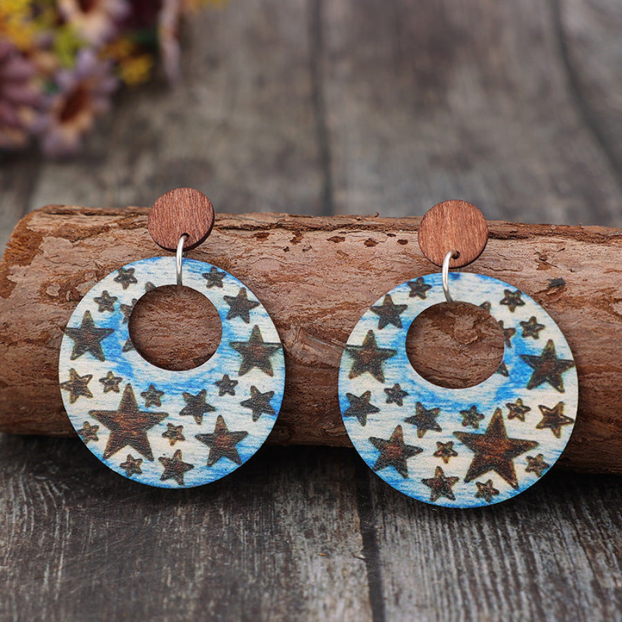 Cutout Star Print Wooden Dangle Earrings Multicolor / One Size Apparel and Accessories