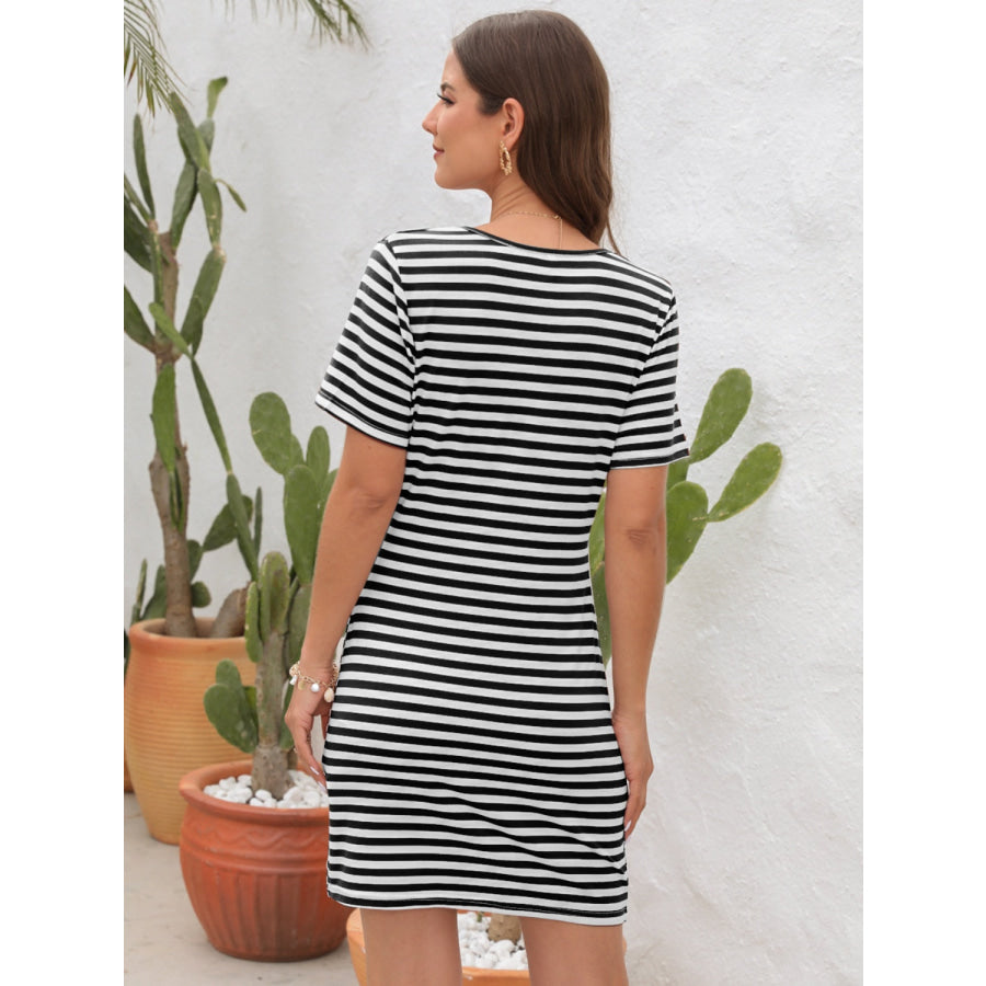 Cutout Striped Round Neck Short Sleeve Dress Apparel and Accessories