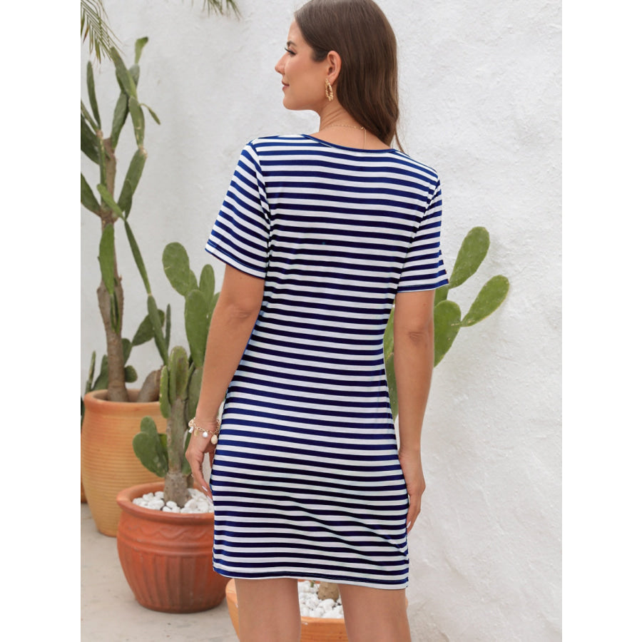 Cutout Striped Round Neck Short Sleeve Dress Apparel and Accessories