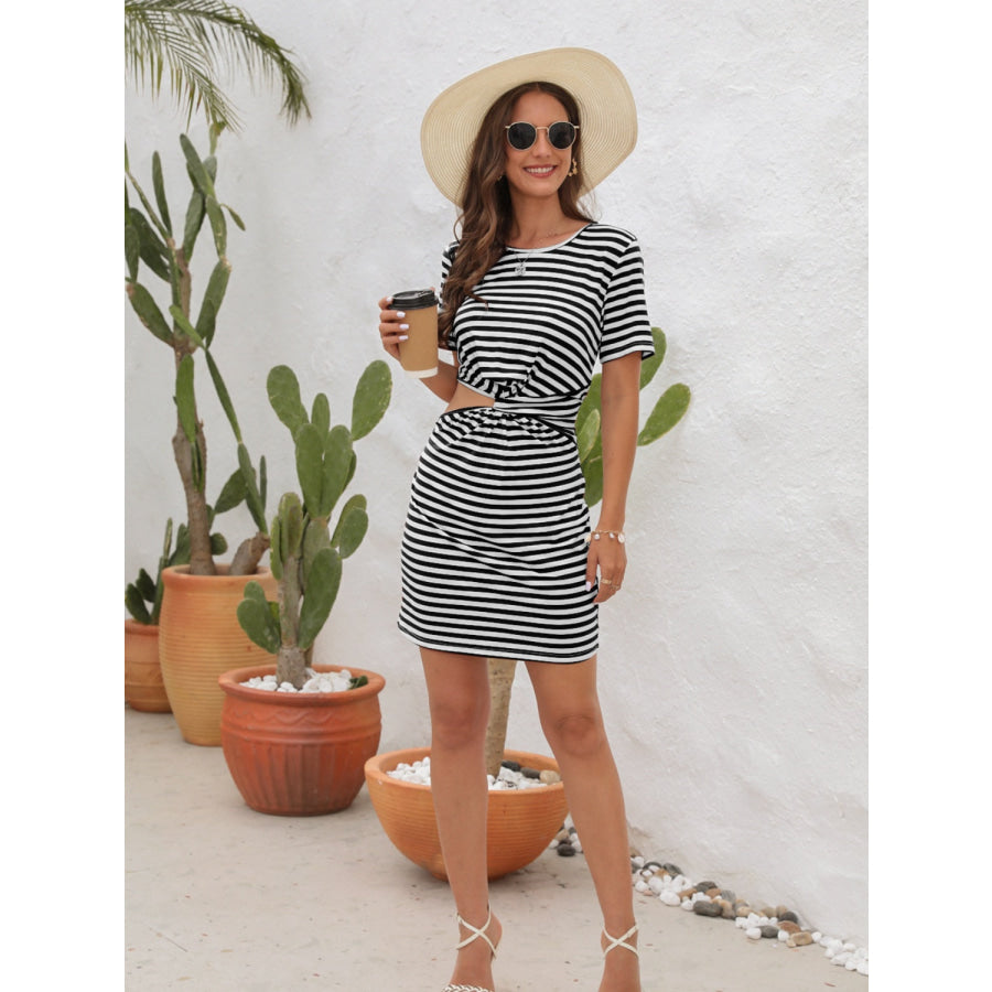 Cutout Striped Round Neck Short Sleeve Dress Apparel and Accessories