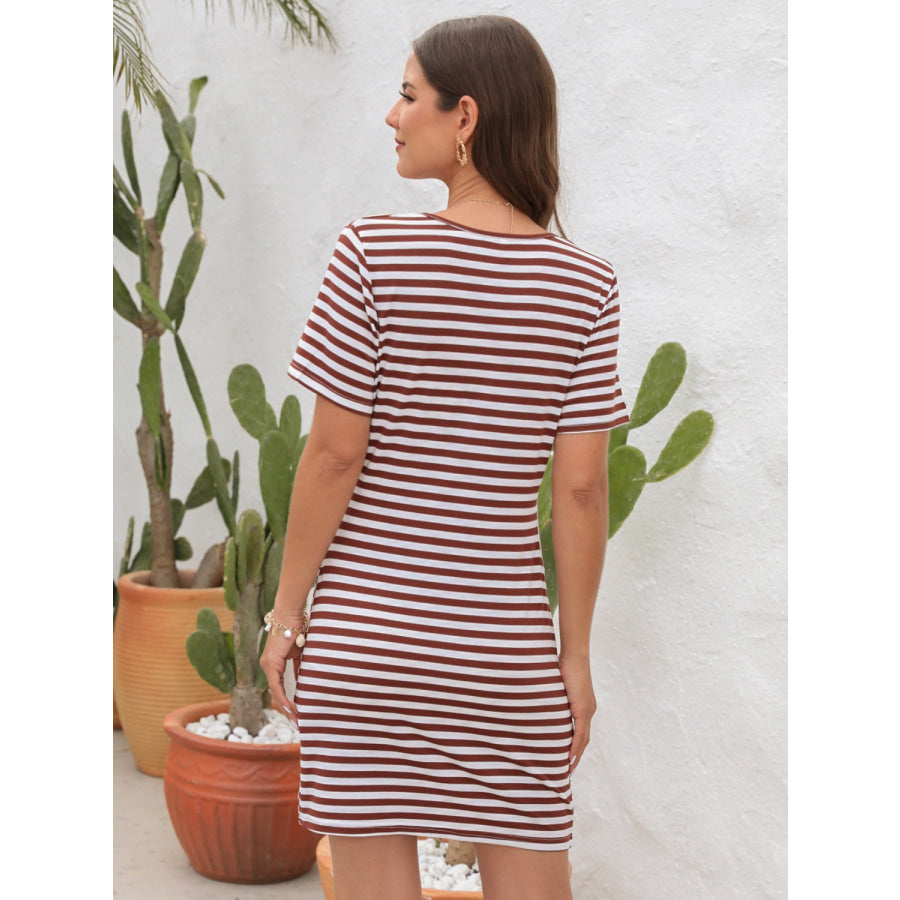 Cutout Striped Round Neck Short Sleeve Dress Apparel and Accessories