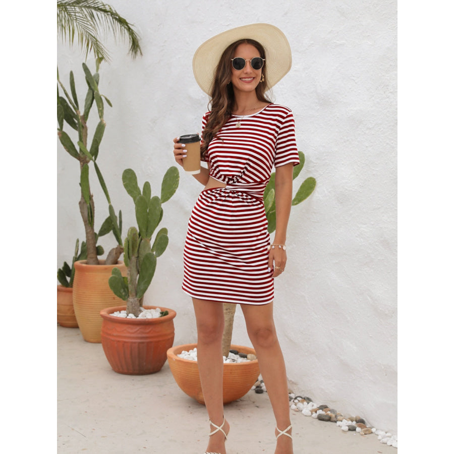 Cutout Striped Round Neck Short Sleeve Dress Apparel and Accessories