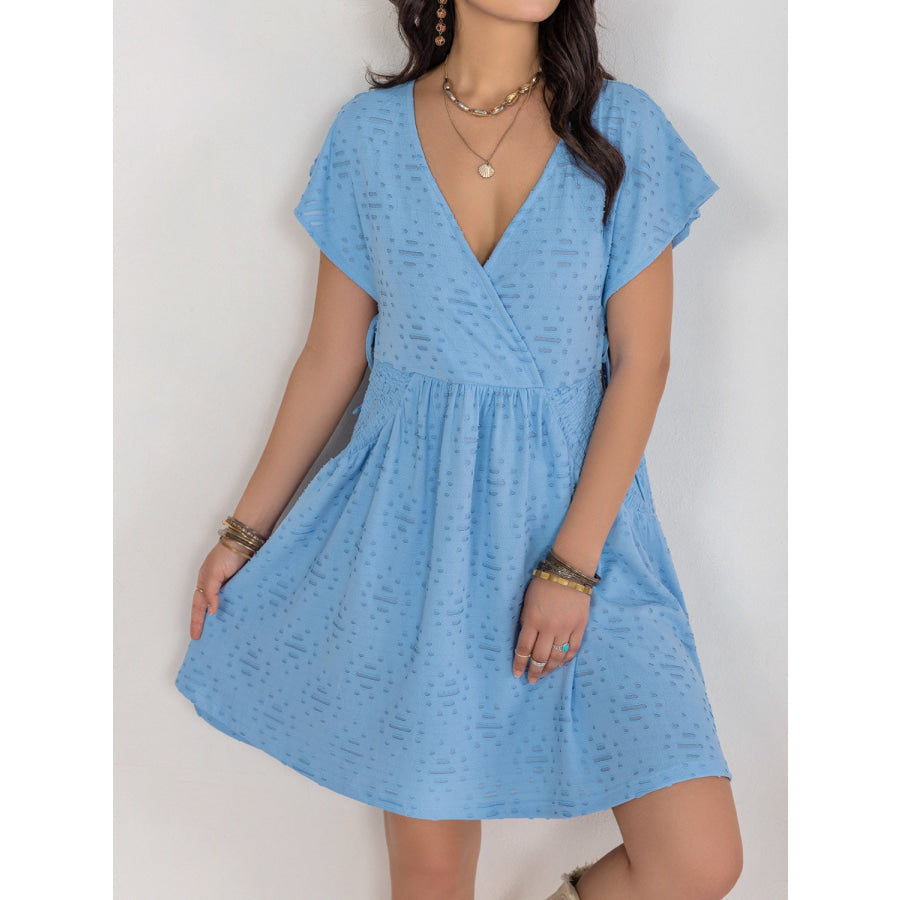 Cutout Surplice Short Sleeve Dress Light Blue / S Apparel and Accessories