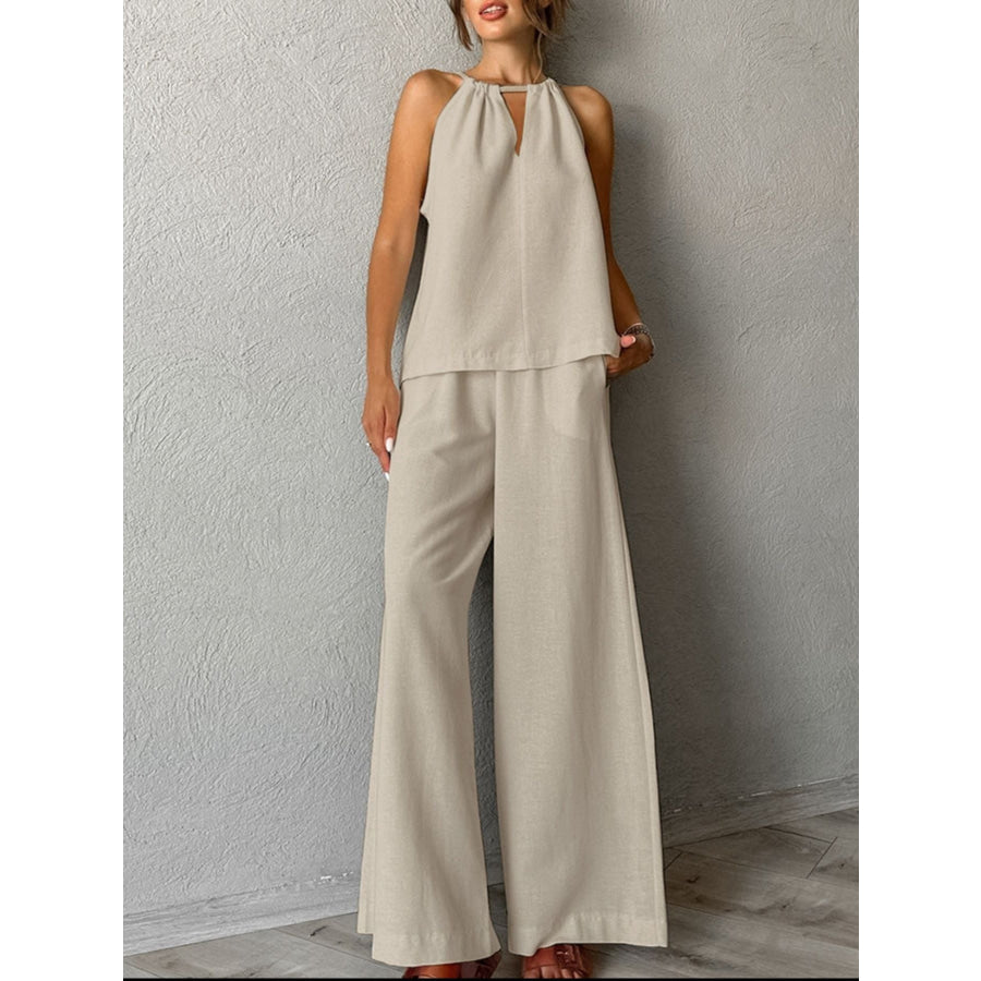 Cutout Tank and Wide Leg Pants Set Apparel Accessories