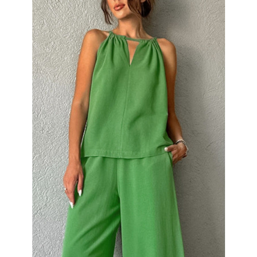 Cutout Tank and Wide Leg Pants Set Green / S Apparel Accessories