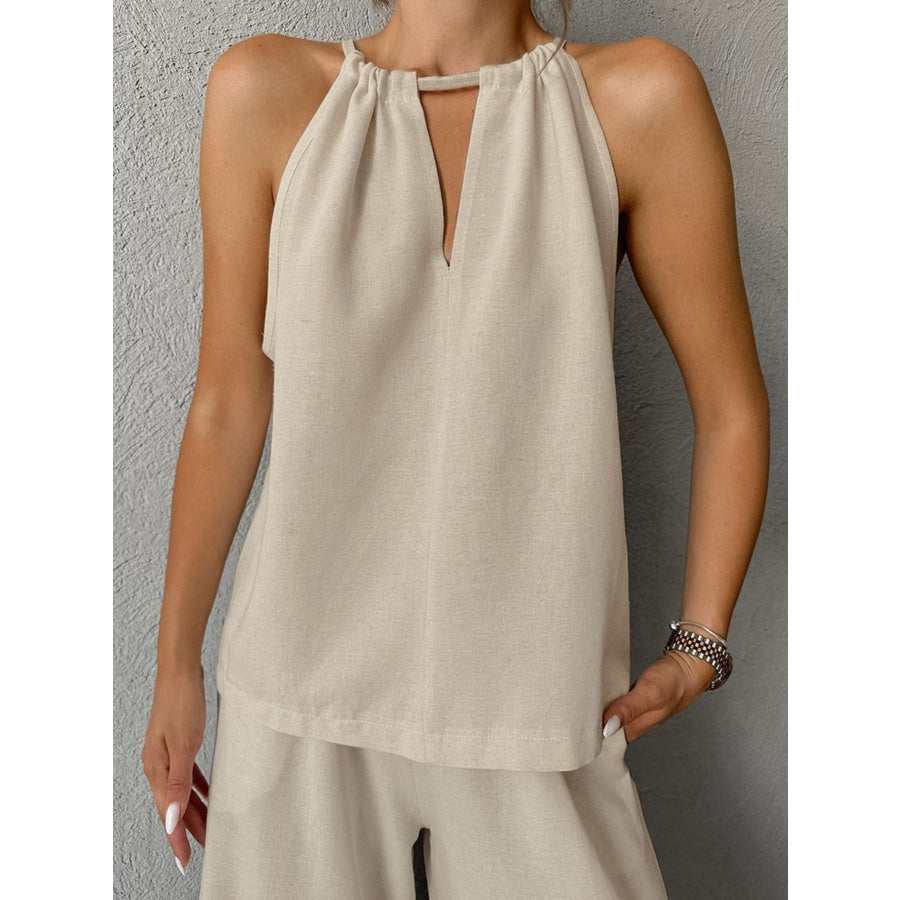 Cutout Tank and Wide Leg Pants Set Khaki / S Apparel Accessories