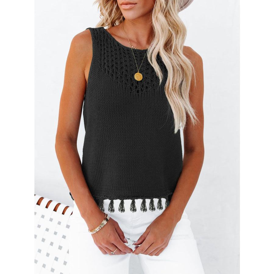 Cutout Tassel Round Neck Tank Black / S Apparel and Accessories