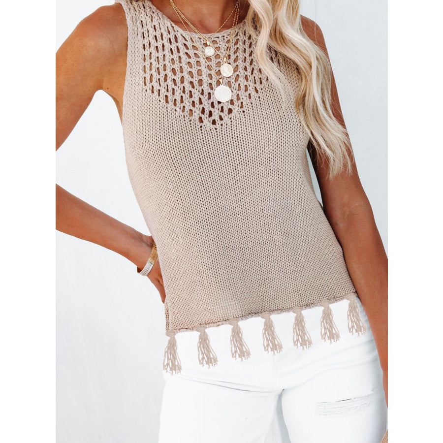 Cutout Tassel Round Neck Tank Dust Storm / S Apparel and Accessories