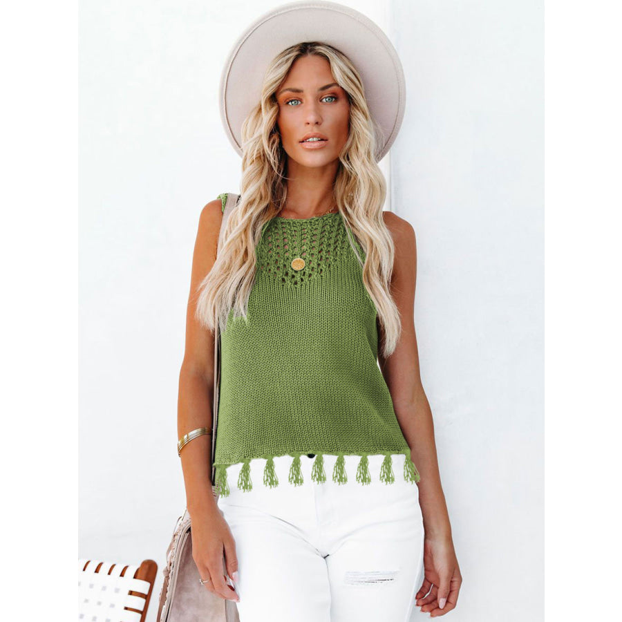 Cutout Tassel Round Neck Tank Lime / S Apparel and Accessories